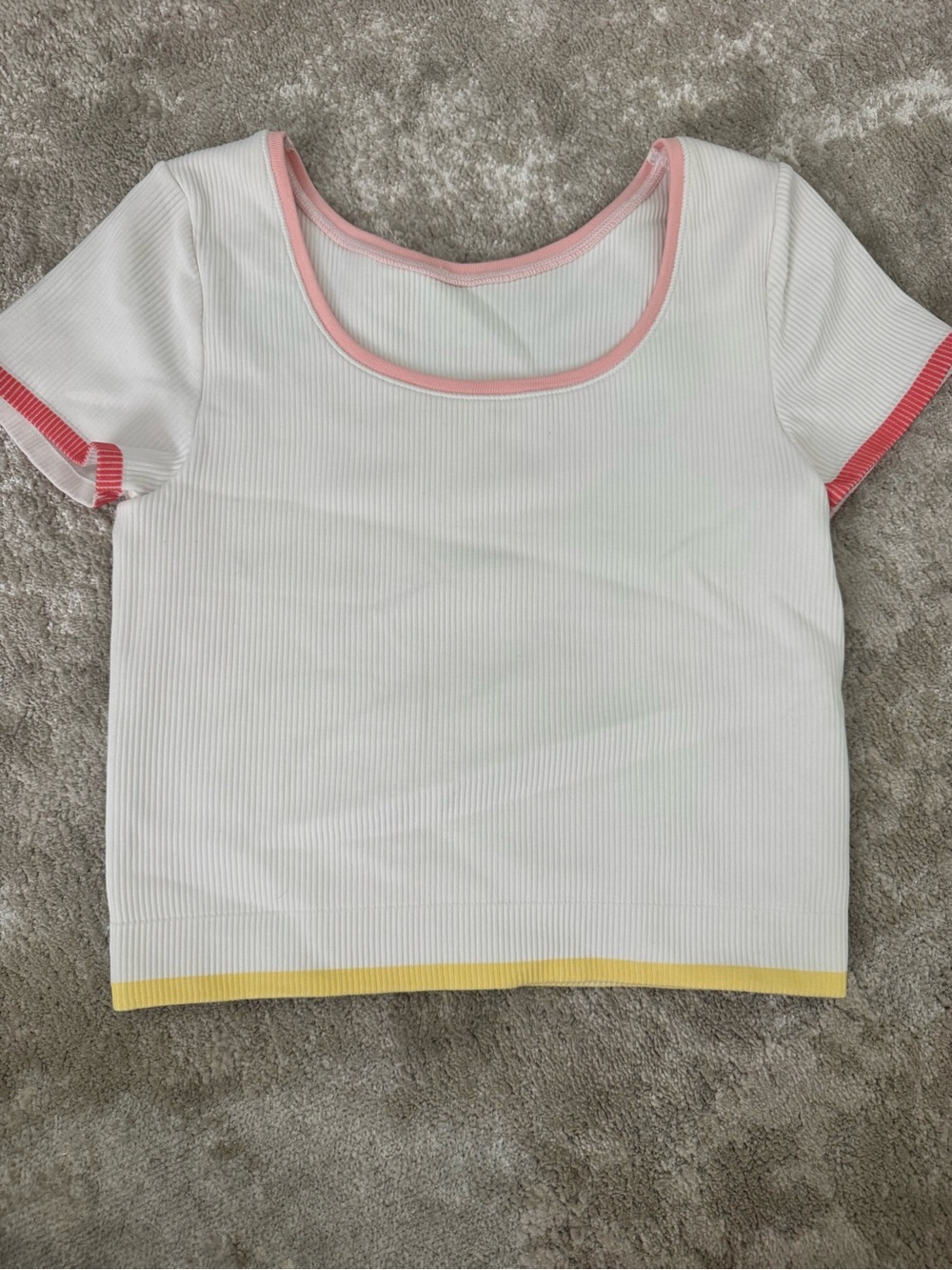 Athleta White Ribbed Short Sleeve Top with Pink and Yellow Trim